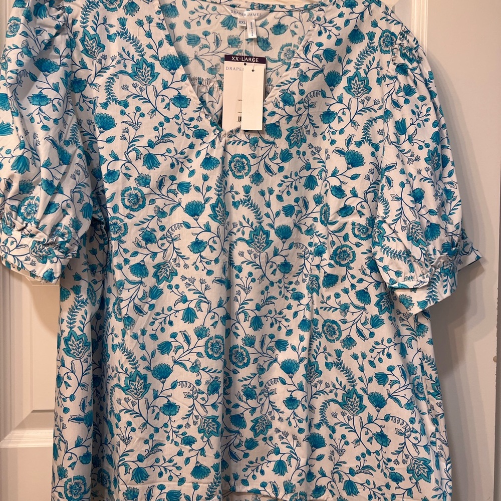 Draper James Teal and White Floral Blouse